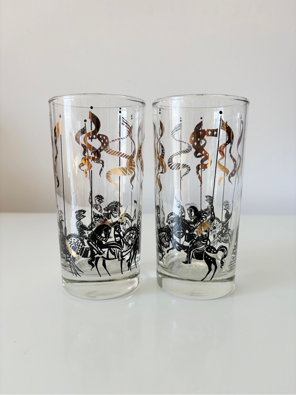 Pair of Vintage Black & Gold Cavalry Soldiers on Horses High Ball Glasses MCM